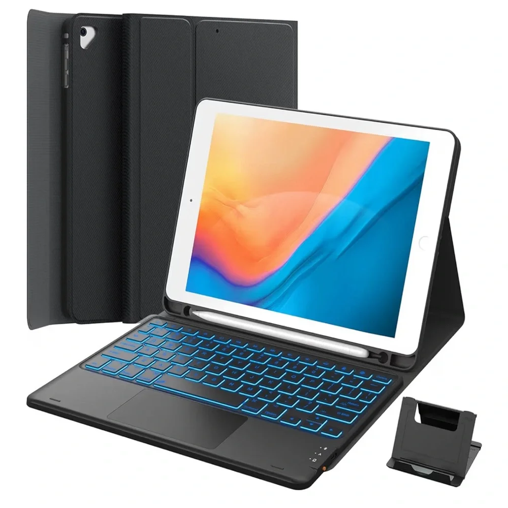 Black Tablet Keyboard Case 7 Color Mode Backlight for iPad 9.7”
